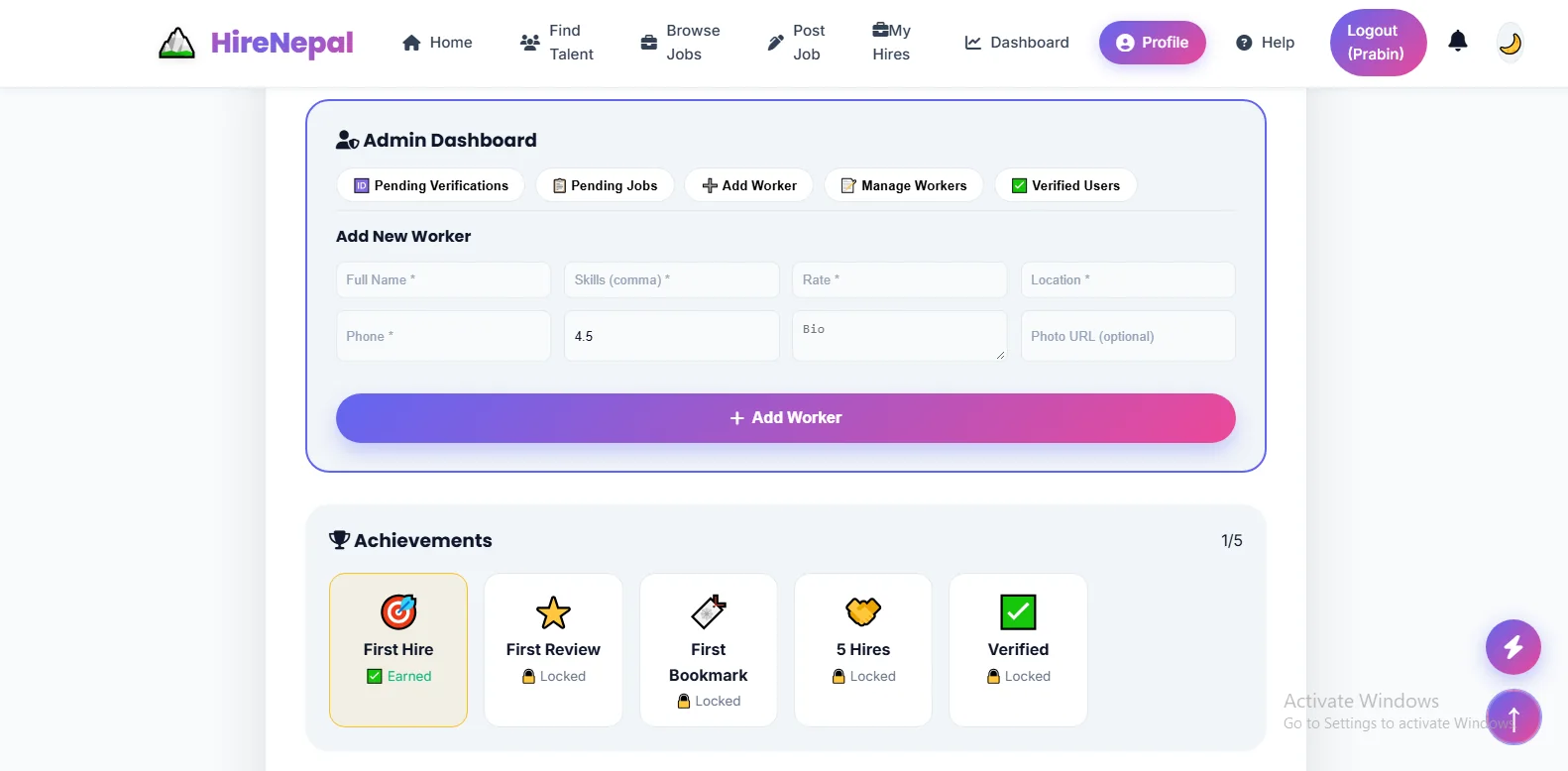 Hire-Nepal administrative dashboard