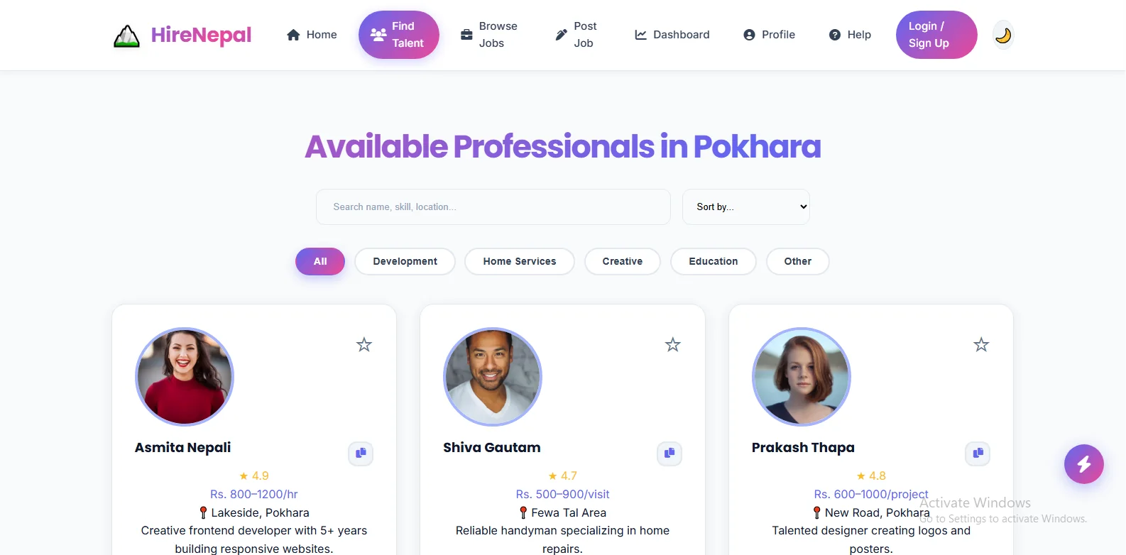 Hire-Nepal talent discovery interface