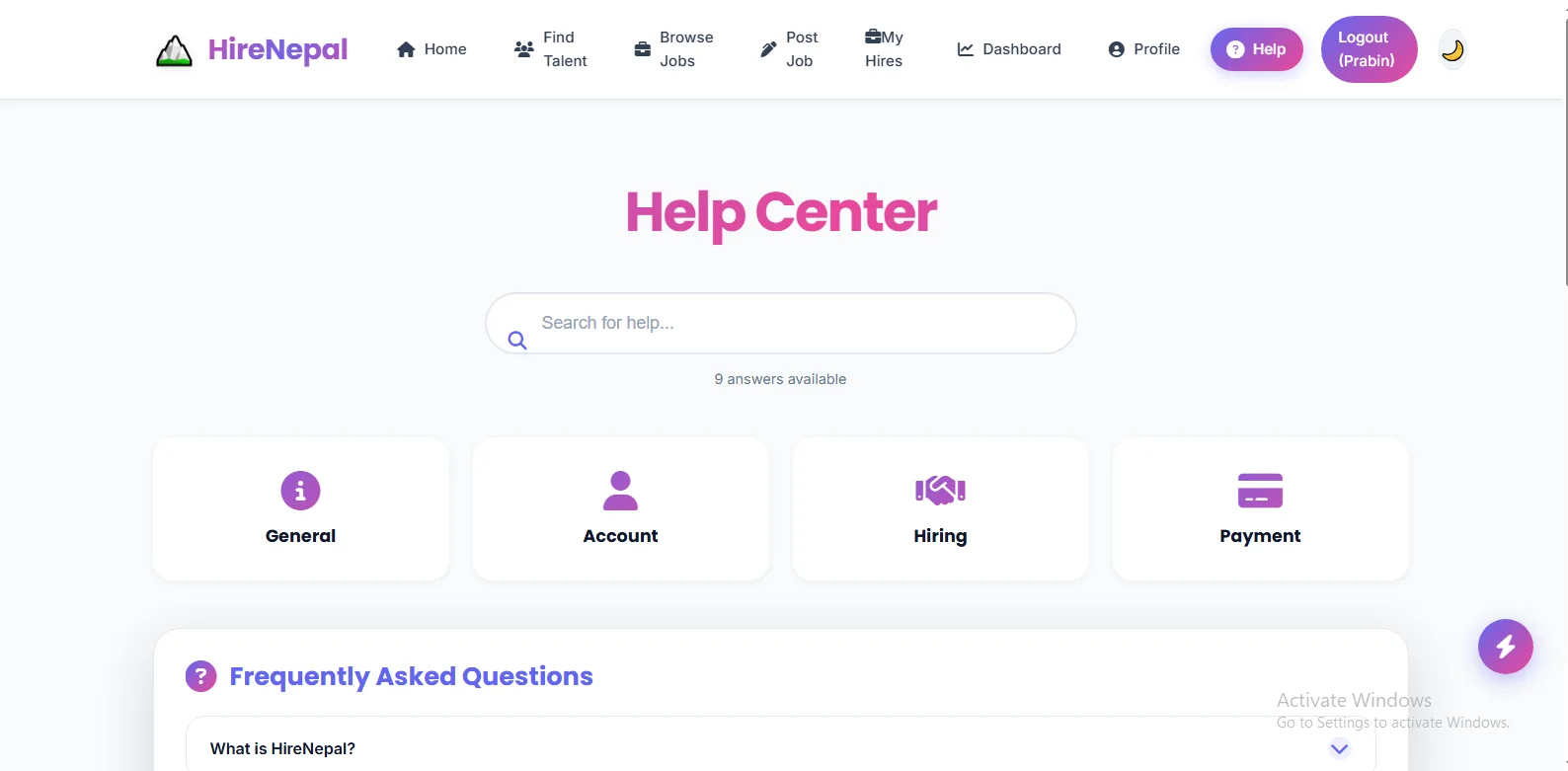 Hire-Nepal help interface