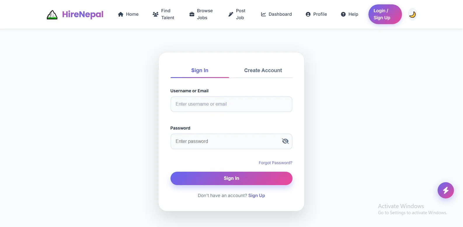 Hire-Nepal login interface