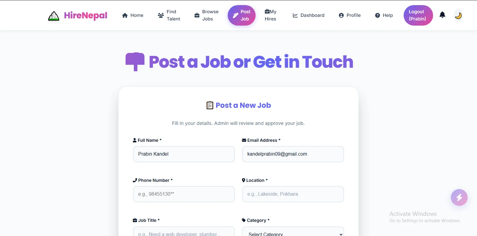 Hire-Nepal job posting interface
