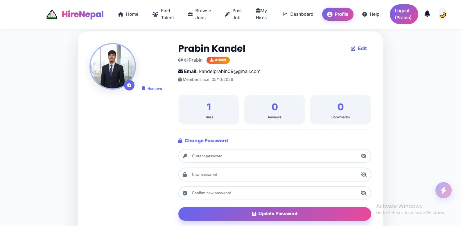Hire-Nepal profile interface